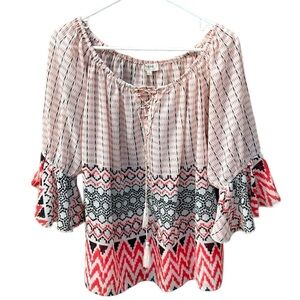 Sheer Boho Coral & Black/Gray Blouse Tassels 3/4” Bell Sleeves, Aztec